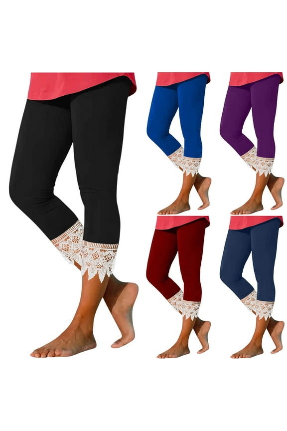 Womens Lace Trim Capri Leggings Summer Dressy Capris Tummy Control High Waisted Yoga Running Pants Buttery Soft Casual Milk Silk Legging Navy L