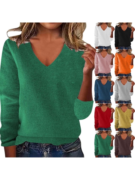 Womens Lightweight V Neck Sweaters Long Sleeve Knitting Cotton T Shirts Soft Cozy Knit Jumper Tops Green XXL