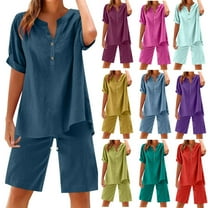 DDAPJ pyju Womens Linen 2 Piece Outfits Plus Size Loungewear Sets Short Sleeve Henley V Neck Tops and Drawstring Shorts Summer Casual Matching Set Ofertas Flash Dark Blue S