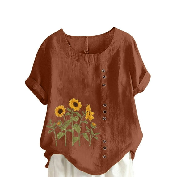 DDAPJ pyju Womens Linen Blouses Sunflower Printed Casual Loose Round Neck Short Sleeve Tops Summer Lightweight Beach Shirts Coffee L