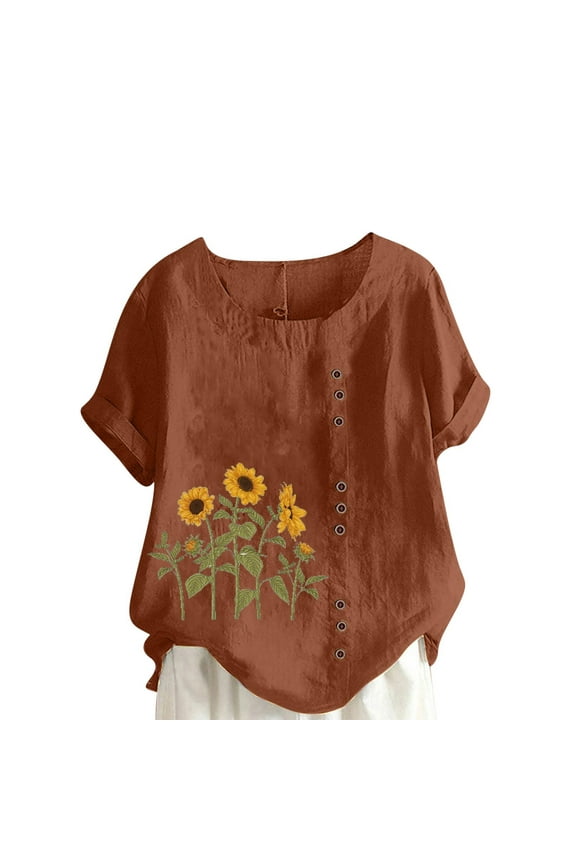 Womens Linen Blouses Sunflower Printed Casual Loose Round Neck Short Sleeve Tops Summer Lightweight Beach Shirts Coffee L
