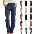 thumbnail image 1 of DDAPJ pyju Womens Linen Cotton Pants Solid Casual Straight Leg Pants Lightweight Drawstring Waist Summer Trousers with Rolled up Cuffs Daily Sales Black XL, 1 of 6