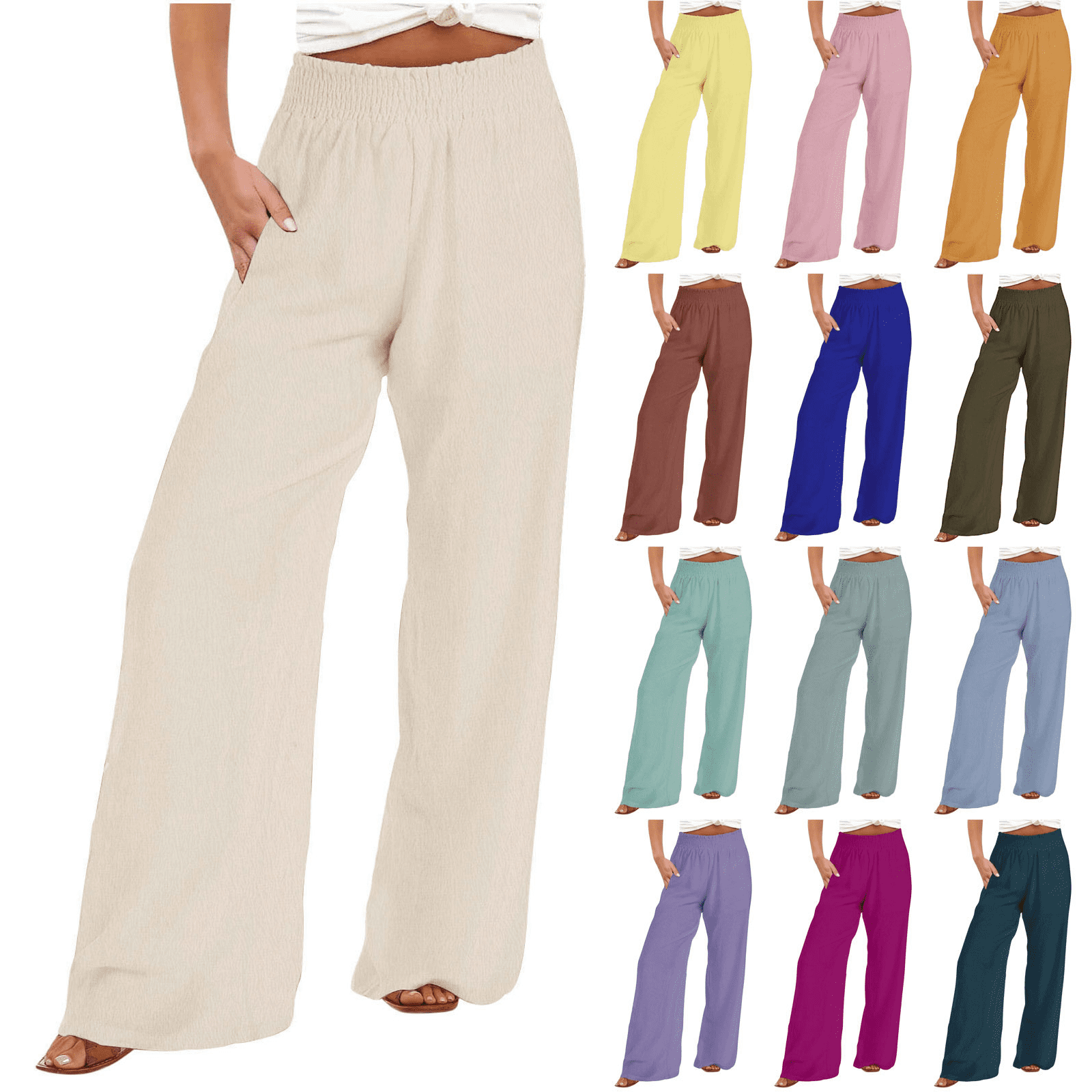 Women's High Waist Linen Palazzo Pants - Summer Wide Leg Lounge Trousers With Pockets