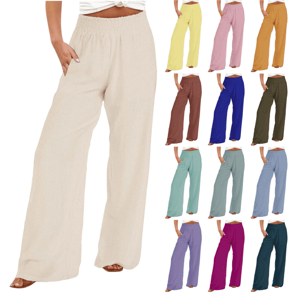 DDAPJ pyju Womens Linen Palazzo Pants Summer Wide Leg Elastic High Waist Casual Loose Beach Long Lounge Pant Trouser with Pockets Flash Deals of the Day Dark Blue L