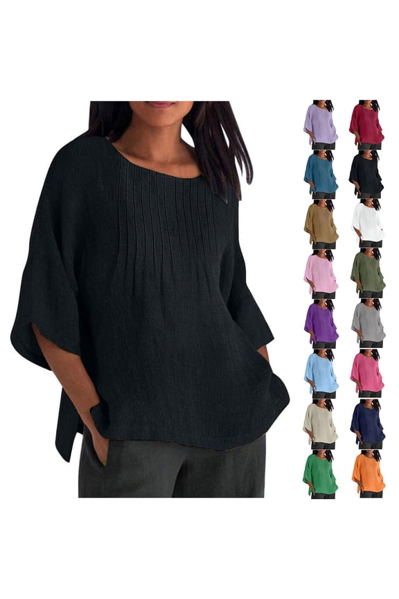 Womens Linen Shirt 3/4 Sleeve Plus Size Tops Split Side Casual Dressy Blouses Crew Neck Loose Gauze Tops Blue XXXXXL