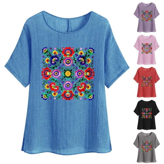 DDAPJ pyju Womens Linen Tops Colorful Floral Print T Shirt Short Sleeve Round Neck Tee Shirts Loose Flowy Casual Summer Blouse Sales of Today Purple XXL