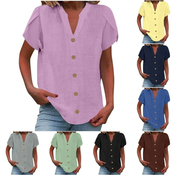 DDAPJ pyju Womens Linen Tops Petal Short Sleeve V Neck Button Down Shirt Dressy Casual Summer Blouse Lightning Sales Navy XXL