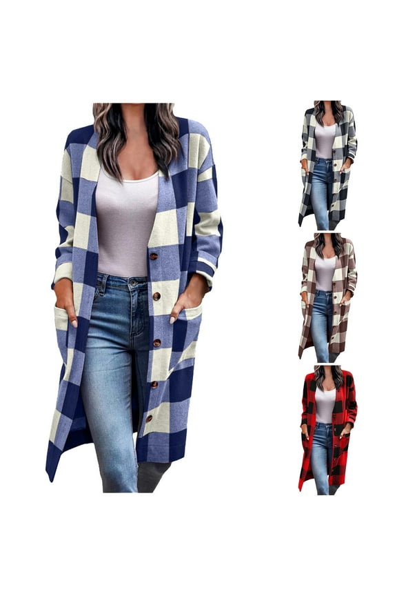 Womens Long Plaid Jacket Button Down Shacket Tartan Trench Coat Trendy Casual Fall Jackets with Pockets Black XXXL