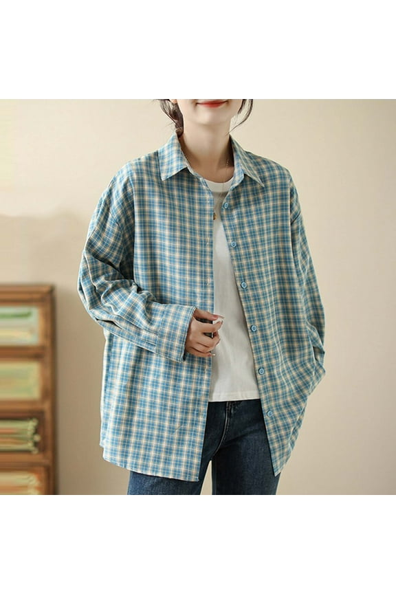 Womens Long Sleeve Plaid Shirts Cotton Linen Collared Button Down Shackets Loose Casual Boyfriend Blouses Tops Lightning Sales Today Blue M