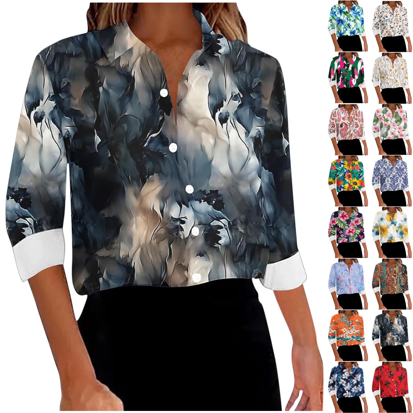 DDAPJ pyju Womens Long Sleeve Printed Button Down Shirts Boho Summer ...