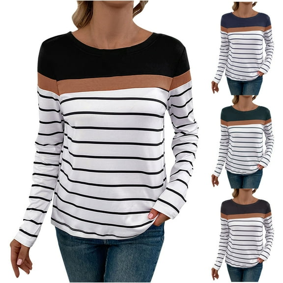 DDAPJ pyju Womens Long Sleeve Striped Shirts Trendy Casual Fall T-Shirts Color Block Tee Tops Ofertas Flash Blue S