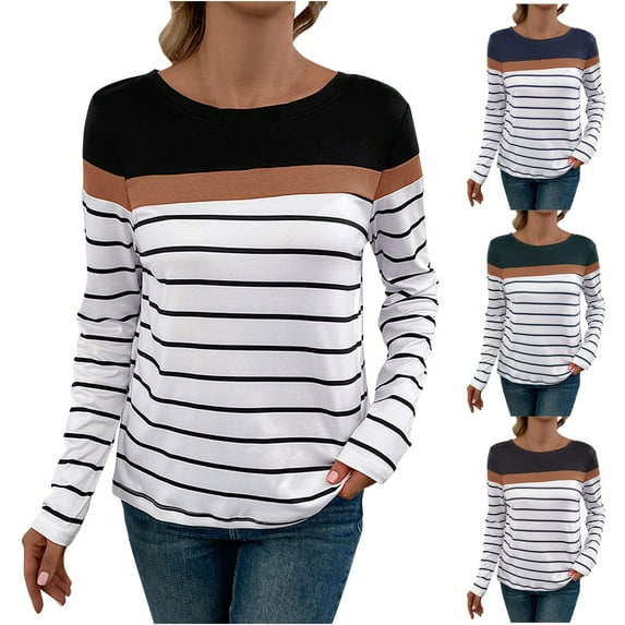 DDAPJ pyju Womens Long Sleeve Striped Shirts Trendy Casual Fall T-Shirts Color Block Tee Tops Ofertas Flash Blue S