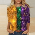 thumbnail image 1 of DDAPJ pyju Womens Mardi Gras 3/4 Sleeve Shirts Sequin Mask Graphic Tees Carnival Outfits Bling Glitter Color Block Tops Festival Parade Blouse Multicolor M, 1 of 5