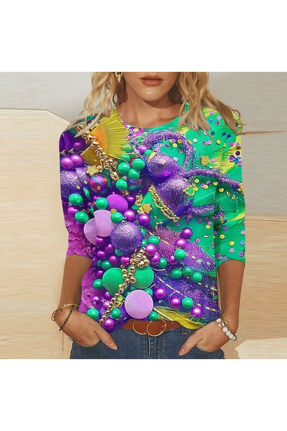 Womens Mardi Gras 3/4 Sleeve Shirts Sequin Mask Graphic Tees Carnival Outfits Bling Glitter Color Block Tops Festival Parade Blouse Multicolor M