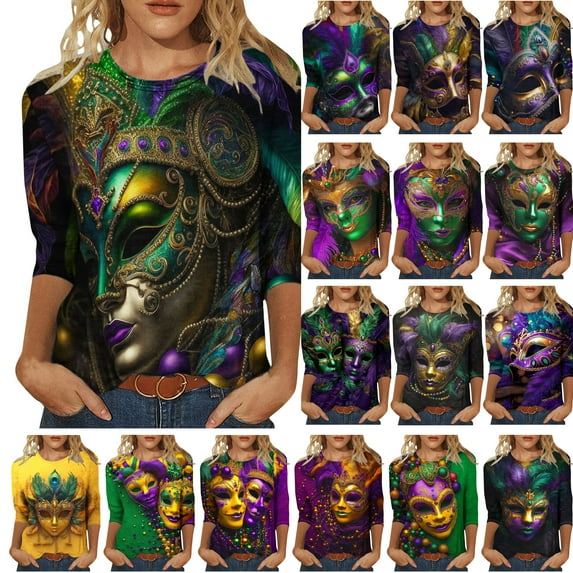 DDAPJ pyju Womens Mardi Gras 3/4 Sleeve Tops Fashion Mask Graphic Tees Dressy Casual Round Neck Tunic Blouse New Orleans Carnival Party Tee Shirts Multicolor XXXL