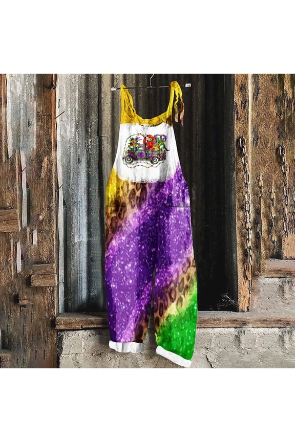 Womens Mardi Gras Jumpsuit 2024 Carnival Themed Printed Long Playsuit Sleeveless Spaghetti Straps Wide Leg Rompers Loose Celebration Parade Overalls with Pockets Multicolor L