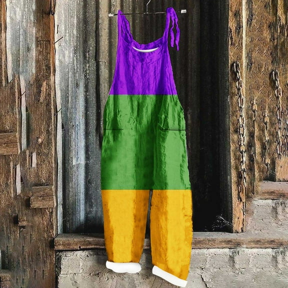 DDAPJ pyju Womens Mardi Gras Jumpsuits 2024 Carnival Themed Sequin Printed Bib Overalls Adjustable Straps Wide Leg Rompers Dressy Casual Parade Party Jumpsuit with Pockets on Clearance Multicolor XL