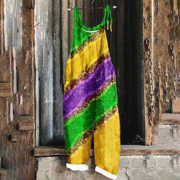 DDAPJ pyju Womens Mardi Gras Jumpsuits 2024 Carnival Themed Sequin Printed Bib Overalls Adjustable Straps Wide Leg Rompers Dressy Casual Parade Party Jumpsuit with Pockets on Clearance Multicolor XL