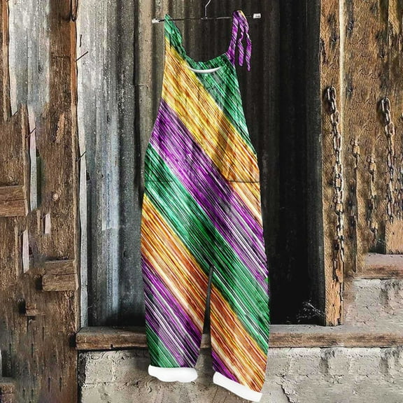 DDAPJ pyju Womens Mardi Gras Jumpsuits 2024 Fashion Color Block Casual Bib Overalls Tuesday Carnival Party Long Playsuit Sleeveless Spaghetti Straps Wide Leg Rompers with Pockets Multicolor M