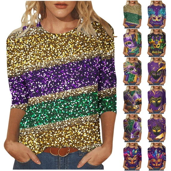 DDAPJ pyju Womens Mardi Gras Shirts Fancy Mask Printed 3/4 Sleeve Tunic Tops Plus Size Casual Crewneck Pullovers Holiday Tees Prime Sales of The Day Multicolor XXXXL