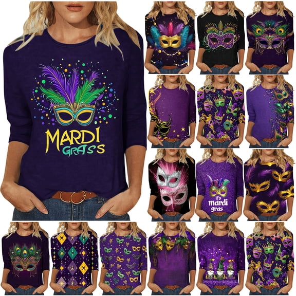 DDAPJ pyju Womens Mardi Gras Tops 2025 3/4 Length Sleeve Casual Parade Blouses Crewneck Carnival Party Mask Graphic Tees Loose Fit Pullover T-shirt Birthday Giftss Today Purple S