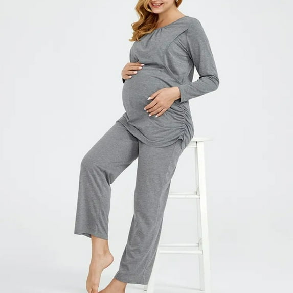 DDAPJ pyju Womens Maternity Nursing Pajamas Set Long Sleeve Breastfeeding T Shirts and Pants 2 Piece Pregnancy Lounge Sets Labor Delivery Hospital Pjs Gray M
