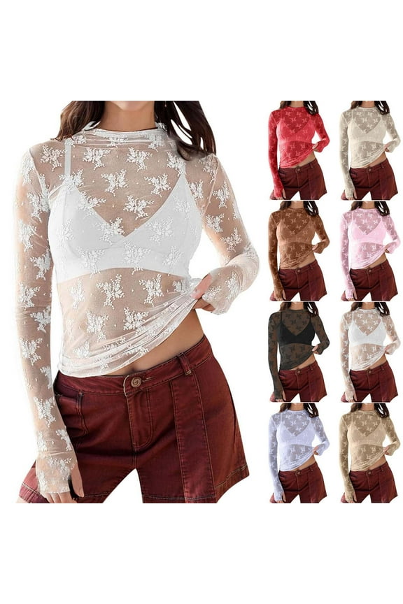 Womens Mesh Long Sleeve Tops Mock Neck Sheer Lace Floral See Through Shirts Slim Fitted Y2K Going Out Top Black L