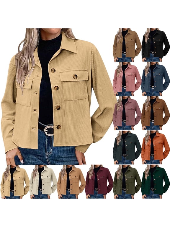 Womens Moto Jacket Corduroy Cropped Jackets Long Sleeve Button Down Shacket Coat Y2K Fall Fashion Dressy Casual Outerwear on Clearance Orange M