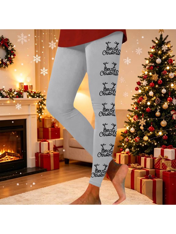 Womens Novelty Christmas Leggings Letter Print Ankle Length Yoga Pants Funny Holiday Footless Tights Buttery Soft Stretch Comfy Lounge Bottoms L