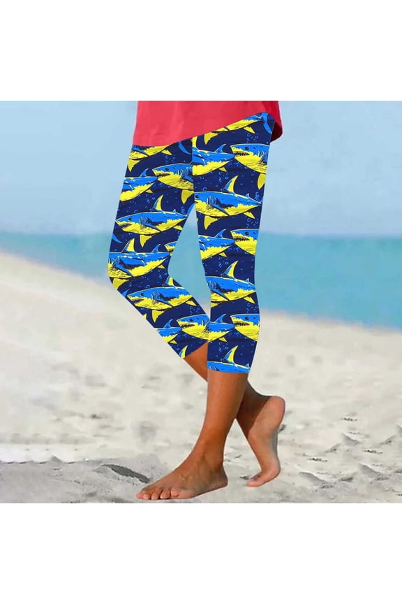 Womens Novelty Print Leggings 2025 Summer Casual Capri Pants Hawaiian Beach Capris Buttery Soft Compression Pants 70% off Clearance Sale Blue XXXL