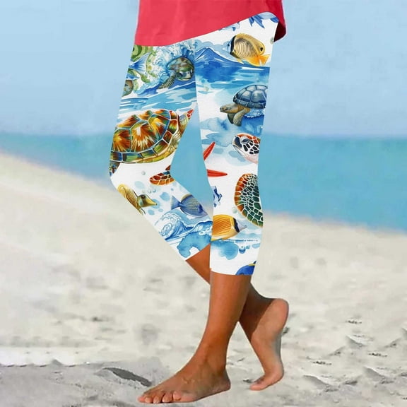 DDAPJ pyju Womens Novelty Print Leggings 2025 Summer Casual Capri Pants Hawaiian Beach Capris Buttery Soft Compression Pants 90% off Clearance Sale White L