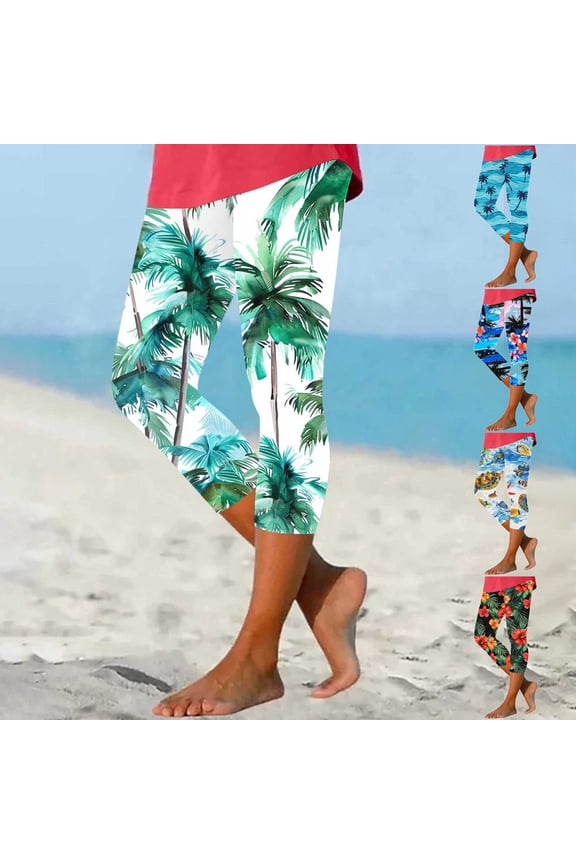 Womens Novelty Print Leggings 2025 Summer Casual Capri Pants Hawaiian Beach Capris Buttery Soft Compression Pants 90% off Clearance Sale White L