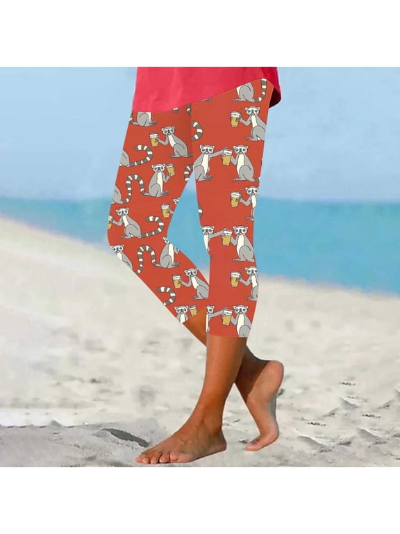 Womens Novelty Print Leggings Summer Casual Capri Pants Hawaiian Beach Capris Buttery Soft Compression Pants Red M
