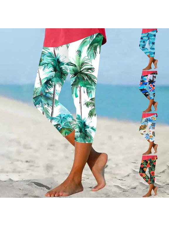 Womens Novelty Print Leggings 2025 Summer Casual Capri Pants Hawaiian Beach Capris Buttery Soft Compression Pants Lightning Sales of Today Green XXXL
