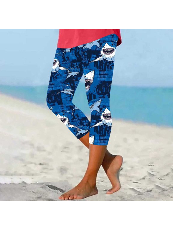 Womens Novelty Print Leggings 2025 Summer Casual Capri Pants Hawaiian Beach Capris Buttery Soft Compression Pants Prime Sales Today Navy XXL