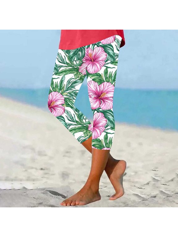 Womens Novelty Print Leggings 2025 Summer Casual Capri Pants Hawaiian Beach Capris Buttery Soft Compression Pants Sales of The Day Clearance Green L