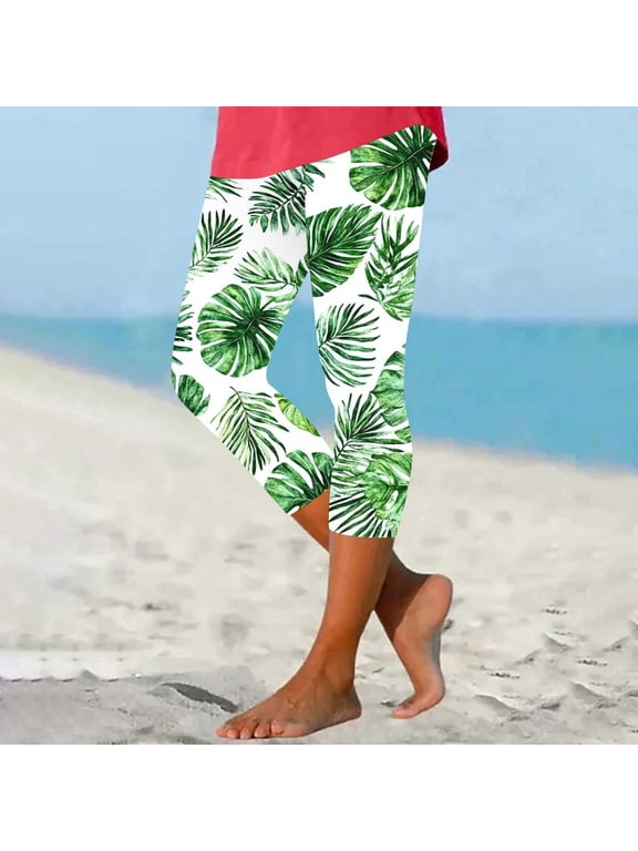 Womens Novelty Print Leggings 2025 Summer Casual Capri Pants Hawaiian Beach Capris Buttery Soft Compression Pants Todays Sales Light Green S