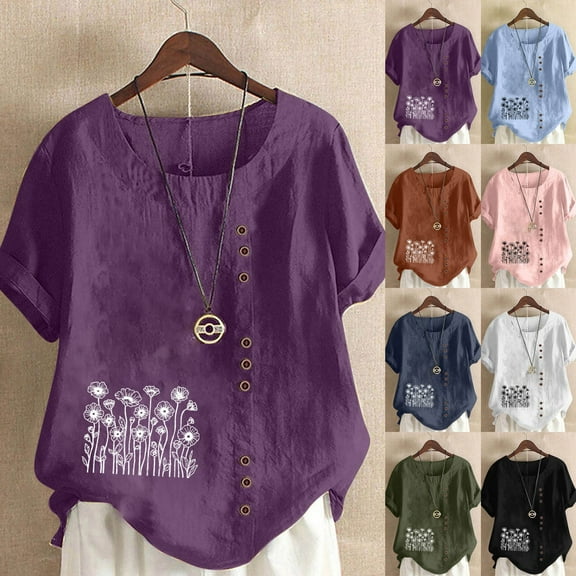 DDAPJ pyju Womens Oversized Baggy Linen Shirts Plus Size Linen Tops for Women Summer Dressy Casual Floral Blouses Light Blue M