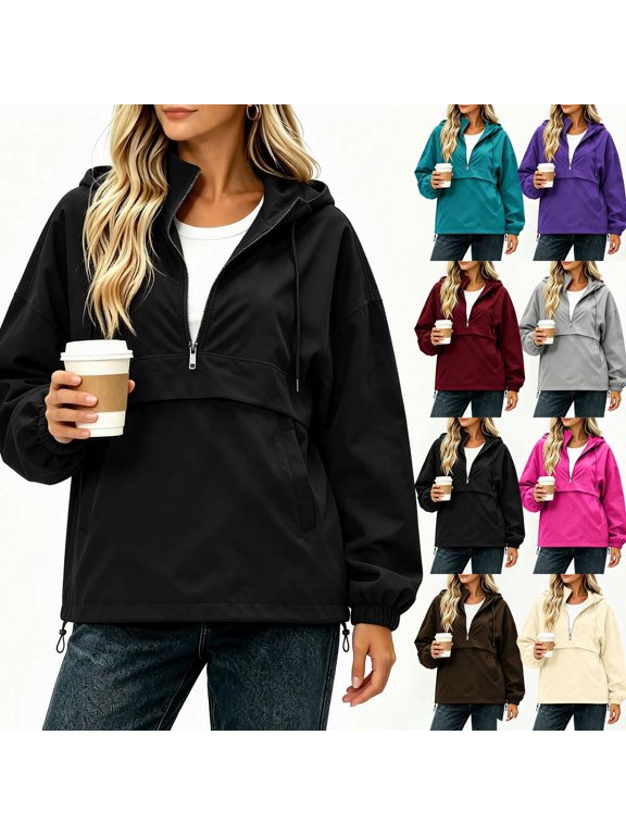 Womens Oversized Half Zip Hoodies Waterproof Rain Hooded Sweatshirt Lightweight Anorak Pullover Hoodie Jacket with Pockets and Detachable hood S