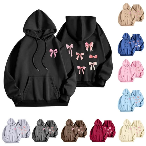 DDAPJ pyju Womens Oversized Hooded Sweatshirt Teen Girls Cute Bow Graphic Hoodies Fall Casual Y2K Pullover Sweatshirts with Kangaroo Pocket Gray XL