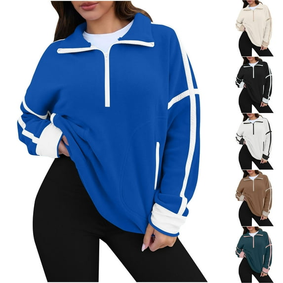 DDAPJ pyju Womens Oversized Striped Sweatshirts Quarter Zip Pullover Fall Fashion Casual Athletic Sweatshirt