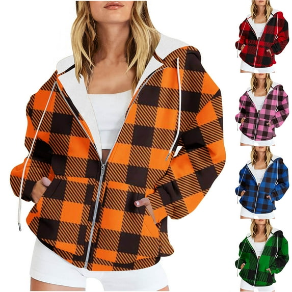 DDAPJ pyju Womens Oversized Zip Up Hoodies Plaid Hooded Sweatshirt Jacket Fall Spring Track Jackets with Pockets Blue XL