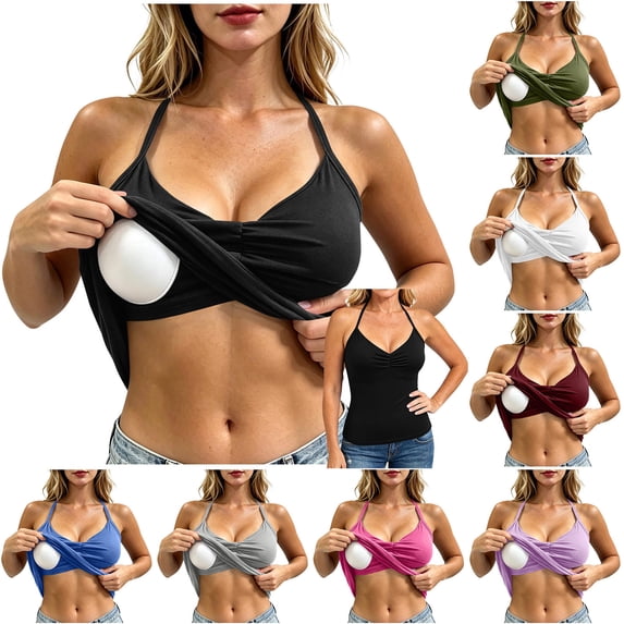 DDAPJ pyju Womens Padded Halter Tops Built in Bra Backless Tank Top Going Out Y2k Trendy Camisole Crop Tops Army Green XL