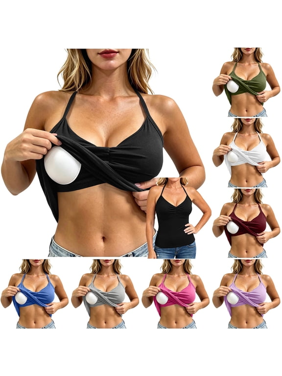 Womens Padded Halter Tops Built in Bra Backless Tank Top Going Out Y2k Trendy Camisole Crop Tops Blue XL