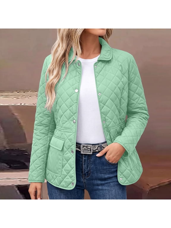 Womens Padded Jacket Diamond Quilted Button Down Shacket Lightweight Warm Winter Outerwear Coat for School Travel Daily Casual Outings XL