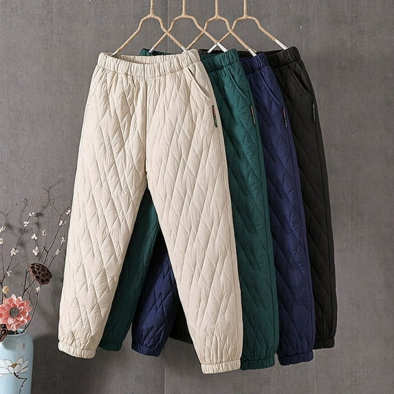 DDAPJ pyju Womens Padded Quilted Pants Fall Winter Warm Casual Wide Leg Pants Solid Elastic Drawstring Waist Trousers with Pockets Navy XXL