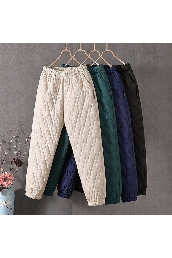 Womens Padded Quilted Pants Fall Winter Warm Casual Wide Leg Pants Solid Elastic Drawstring Waist Trousers with Pockets Green L