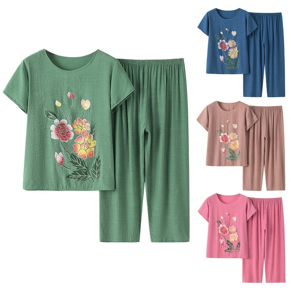 DDAPJ pyju Womens Pajama Sets Cotton Linen Pj Set Floral Print Short Sleeve Top with Capri Pants Sleepwear 2 Piece Lounge Set Today's Sales Blue XXL