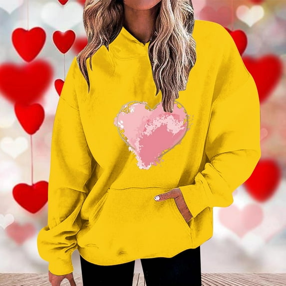 DDAPJ pyju Womens Pink Hoodie for Valentine's Day Love Heart Print Hooded Sweatshirt Casual Long Sleeve Drawstring Pullover Tops Oversized Drop Shoulder Hoodies with Front Pocket Yellow XXL