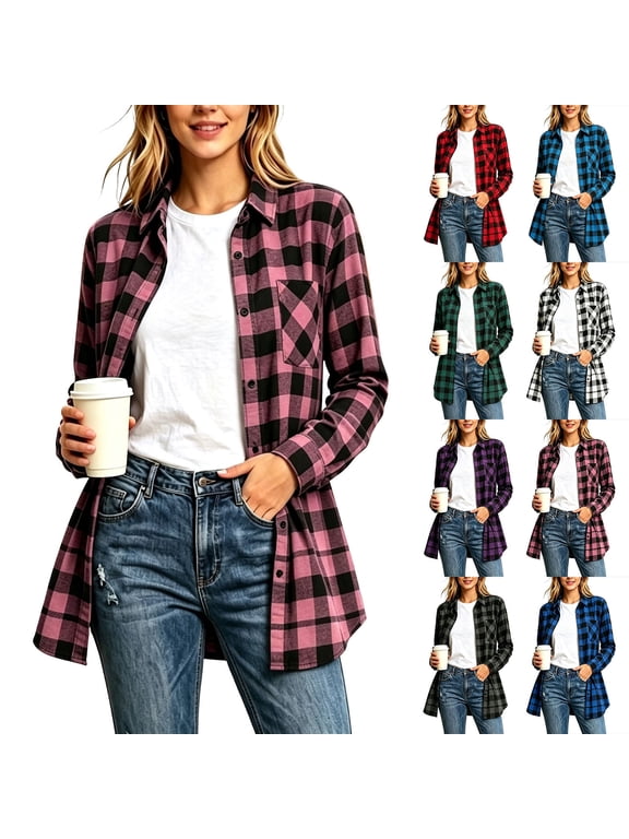 Womens Plaid Button Down Shirts Long Sleeve Lapel Collar Work Shirt Lightweight Overshirt Fall Fashion 2026 L